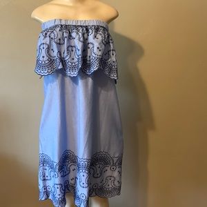 New York & Co size L blue off shoulders dress floral navy embroidery